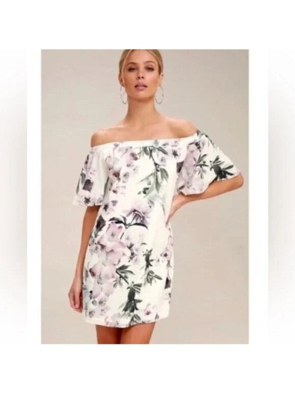 Lulus Dress Womens Large Dream Of You Ivory Floral Off Shoulder Short Sleeve NWT